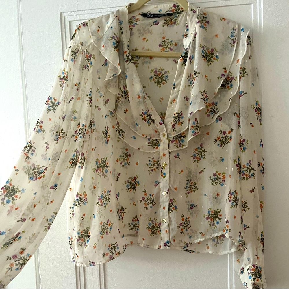 Zara Floral Button-up Sheer Blouse size L